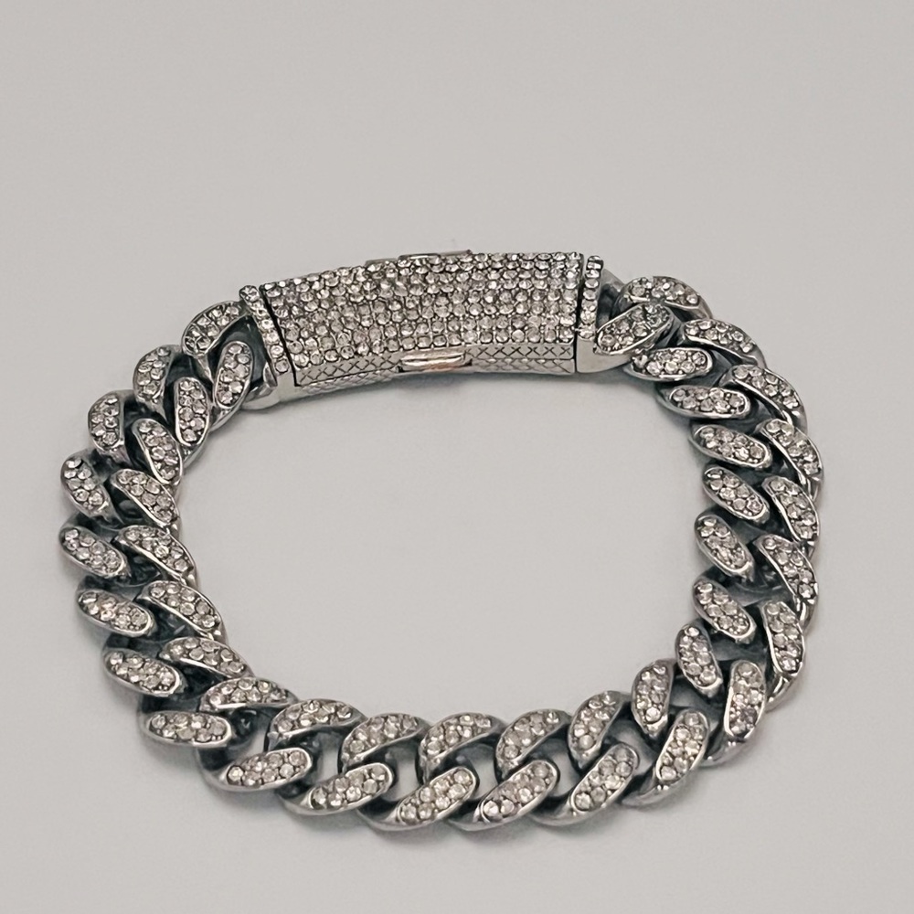 14K White Gold Over Stainless Steel Cuban Design Link Chain Bracelet 8 inch